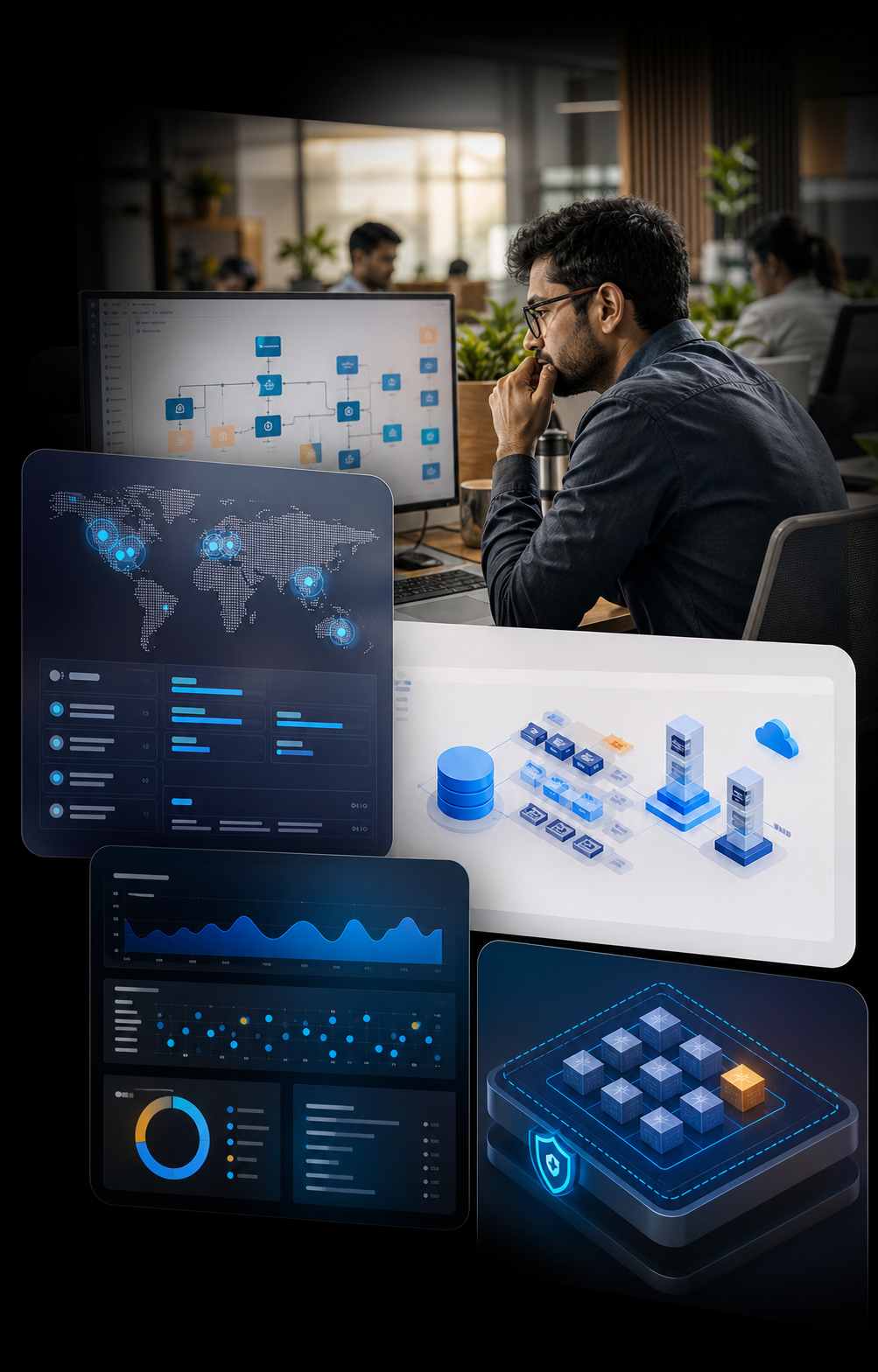 Indian cloud engineer surrounded by architecture, observability and infrastructure panels