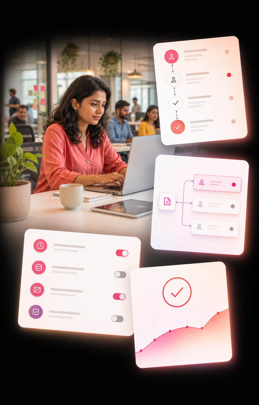 Indian operations specialist surrounded by workflow, approval and automation panels
